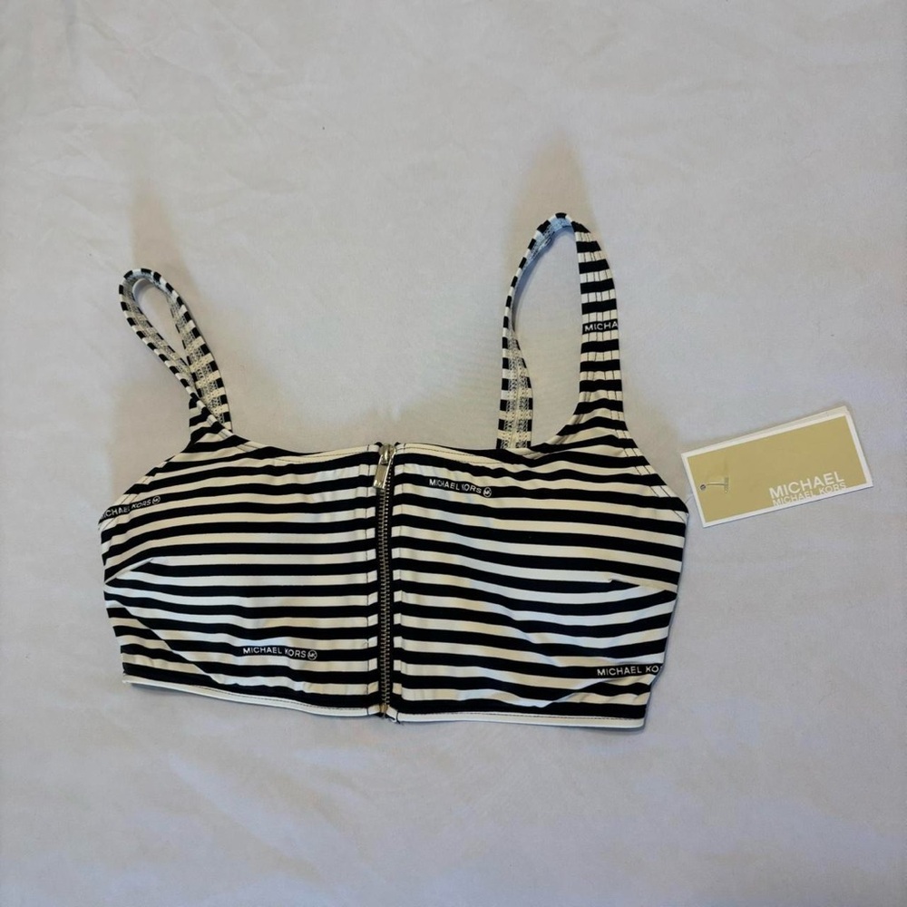 DONATING SOON NWT Michael Kors Black and White Striped Bikini Top